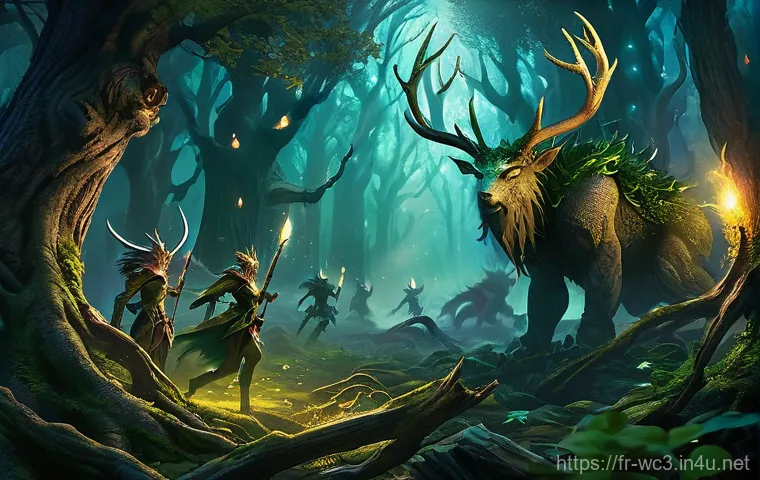 워크래프트3 유닛 상성 공략 - **Prompt 1: Dryad Skirmish in Ashenvale** "A dynamic, medium-shot image capturing a skirmish in ...