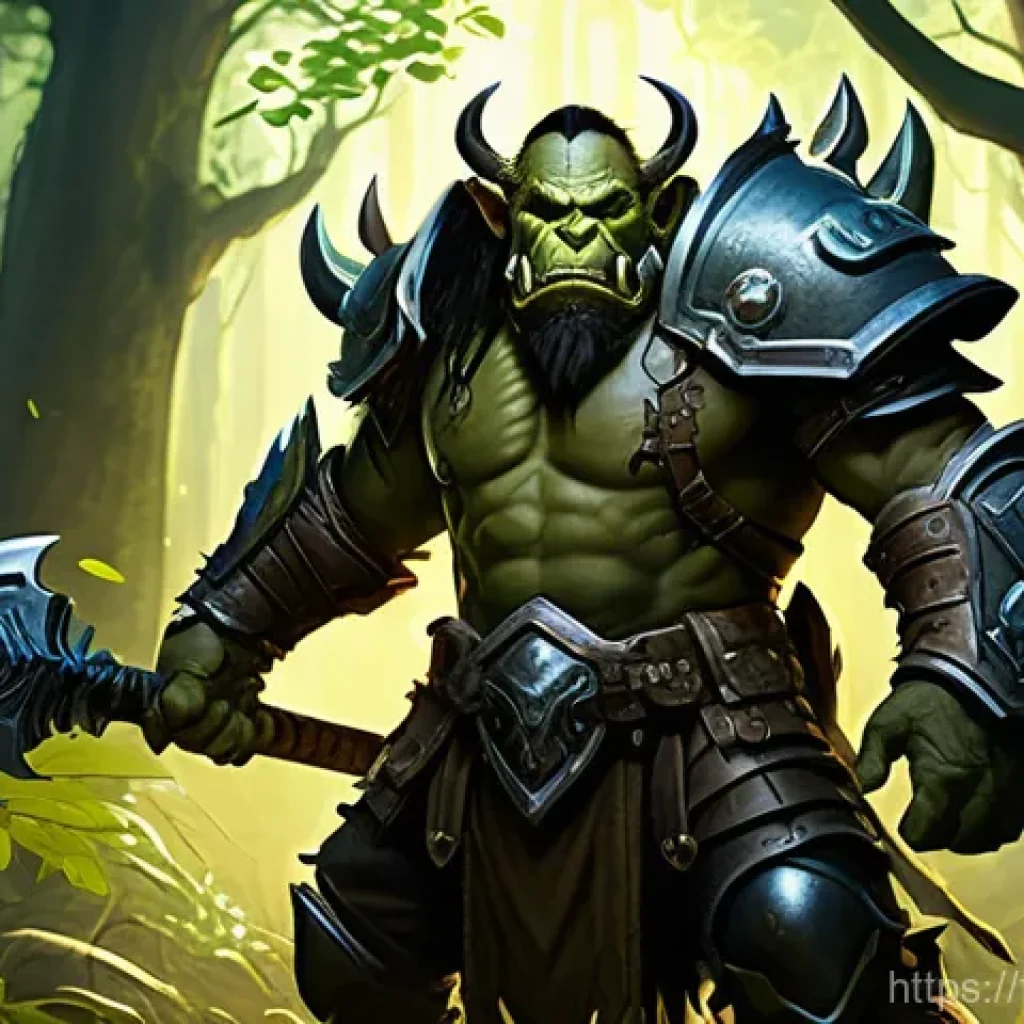 워크래프트3 파워 레벨링 팁 - A highly detailed, epic fantasy art painting of an Orc Blademaster, fully armored in traditional Orc...