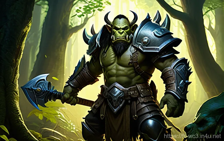 워크래프트3 파워 레벨링 팁 - A highly detailed, epic fantasy art painting of an Orc Blademaster, fully armored in traditional Orc...