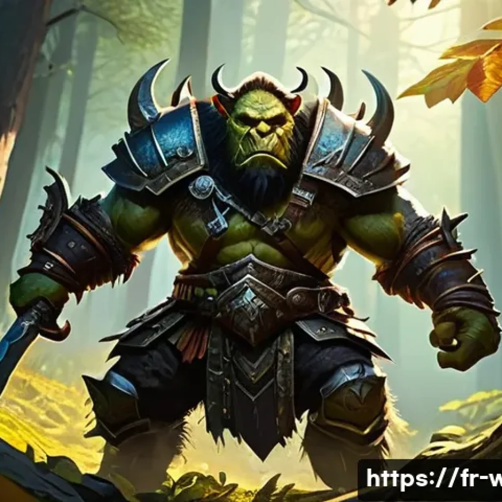 워크래프트3 영웅 레벨업 공략 - **Prompt:** A dynamic, low-angle shot of an Orc Blademaster hero, clad in iconic Orcish armor, swift...