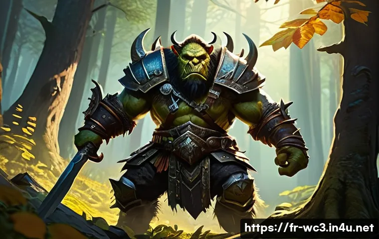 워크래프트3 영웅 레벨업 공략 - **Prompt:** A dynamic, low-angle shot of an Orc Blademaster hero, clad in iconic Orcish armor, swift...
