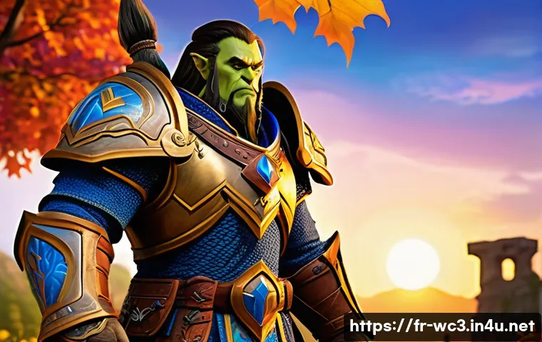 워크래프트3 스킨 변경 방법 - A detailed digital artwork of a Warcraft 3 hero character wearing custom-designed armor with intrica...