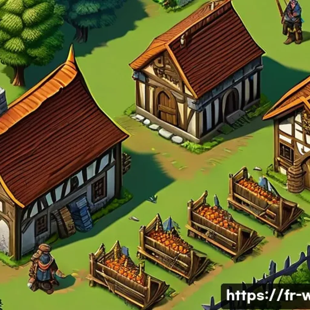 워크래프트3 자원 관리 비법 - A detailed isometric view of a bustling medieval Warcraft 3 village economy in action: numerous work...