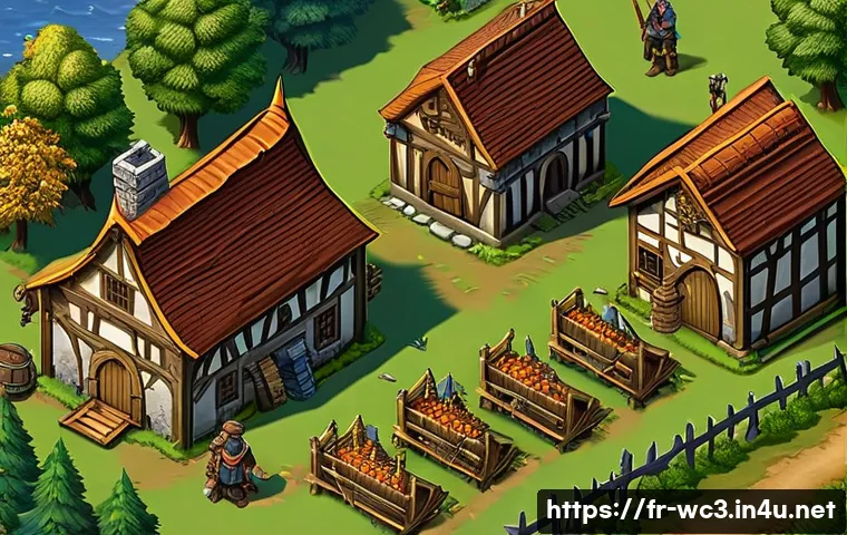 워크래프트3 자원 관리 비법 - A detailed isometric view of a bustling medieval Warcraft 3 village economy in action: numerous work...