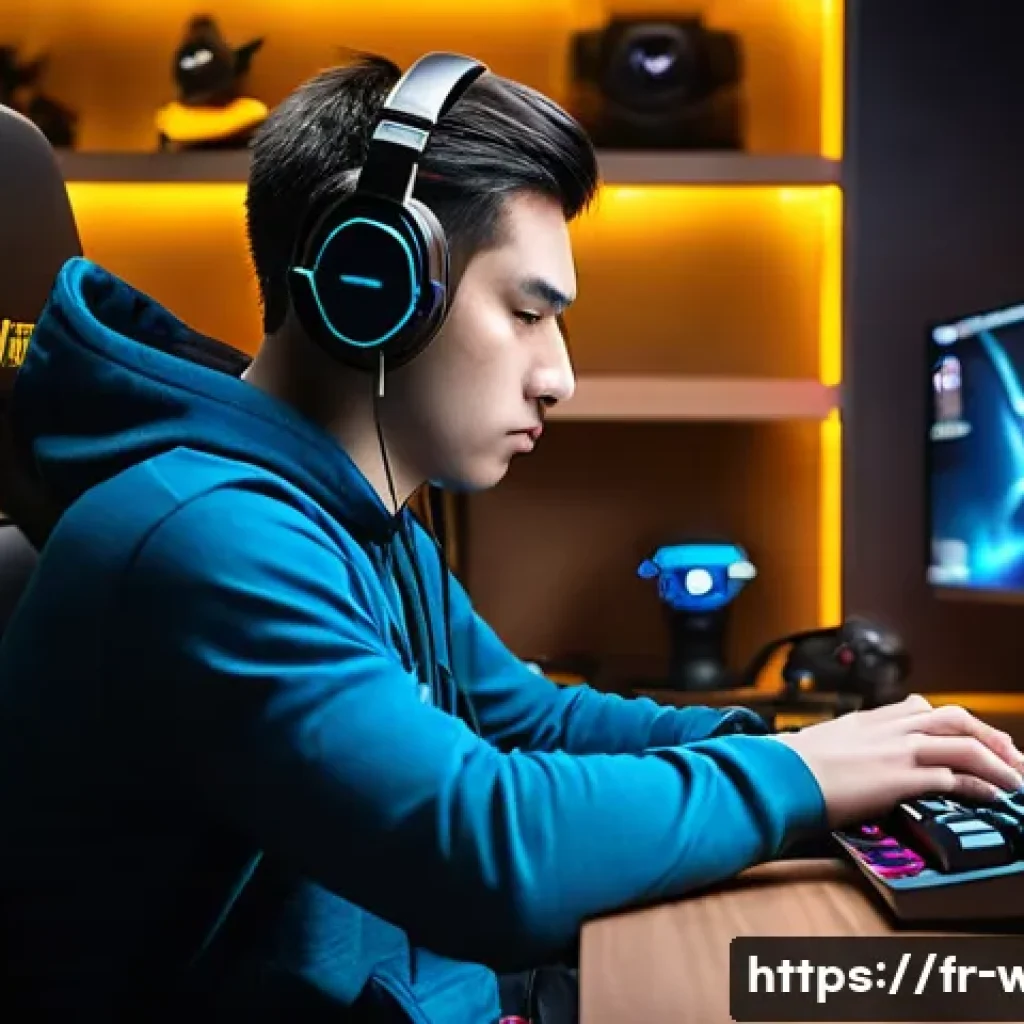 워크래프트3 리그 우승자 인터뷰 - A focused professional esports player sitting at a high-end gaming setup, featuring a mechanical key...