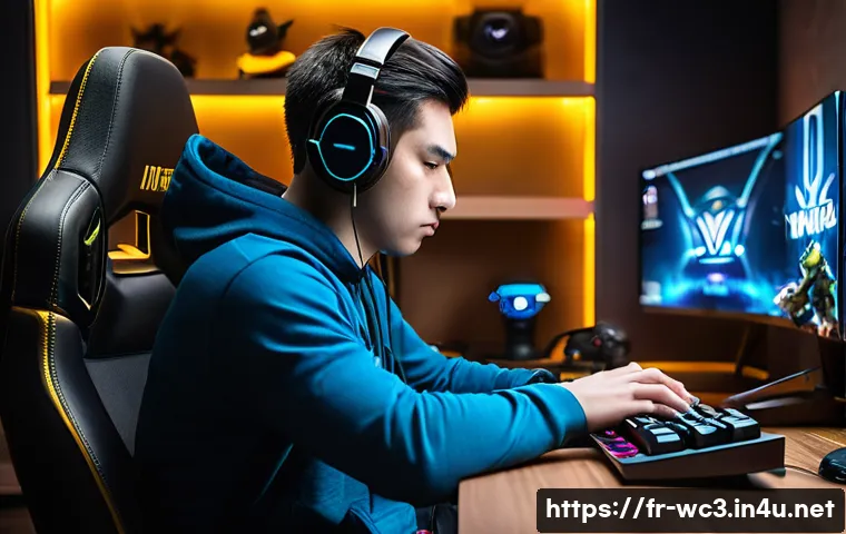 워크래프트3 리그 우승자 인터뷰 - A focused professional esports player sitting at a high-end gaming setup, featuring a mechanical key...
