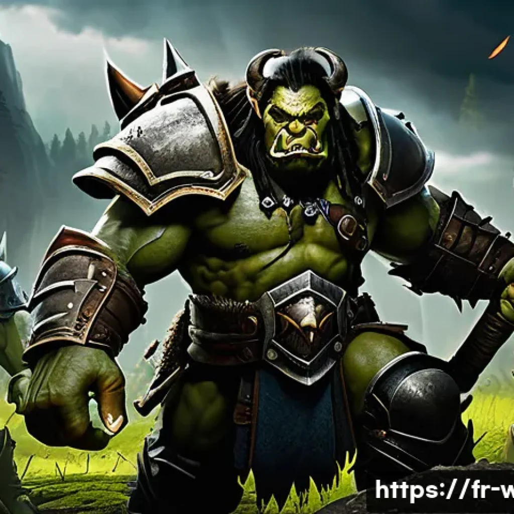 워크래프트3 레더 게임 가이드 - A dynamic Warcraft 3 battle scene featuring the Orc race, showcasing robust, muscular Orc warriors c...