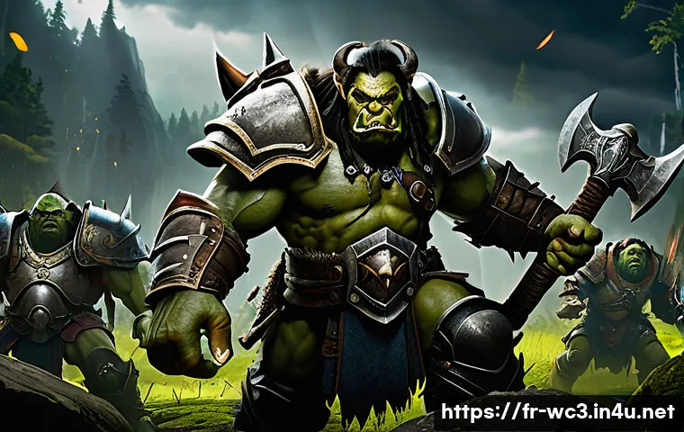 워크래프트3 레더 게임 가이드 - A dynamic Warcraft 3 battle scene featuring the Orc race, showcasing robust, muscular Orc warriors c...