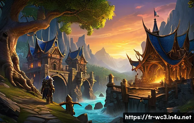 워크래프트3 경기 규칙 완벽 가이드 - A dynamic Warcraft 3 battlefield scene showcasing four distinct races: Humans, Orcs, Undead, and Nig...