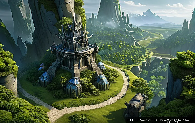 워크래프트3 타워 위치 선정 팁 - A detailed fantasy battlefield scene from Warcraft 3 style featuring strategic tower placements on a...