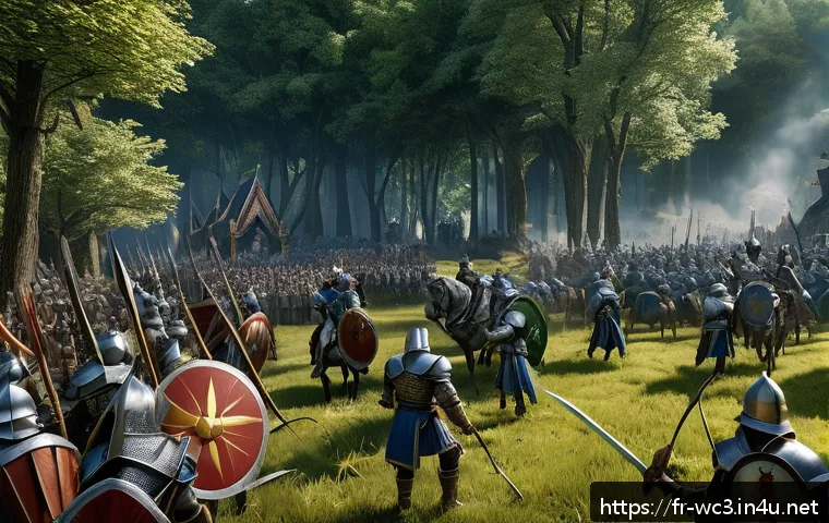 워크래프트3 AI 상대법 - A detailed battle scene in Warcraft 3 featuring a group of human knights and archers defending a for...