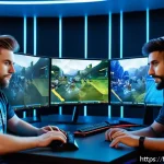Home 18 워크래프트3 팀플 전략 - A dynamic esports team in a modern gaming room, focused and communicating through headsets with clea...