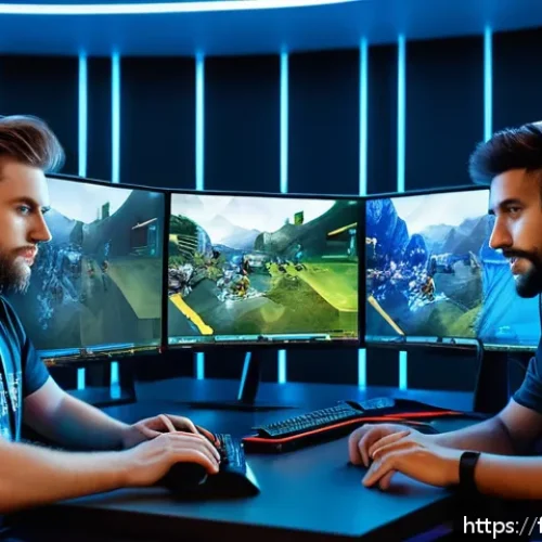 Home 30 워크래프트3 팀플 전략 - A dynamic esports team in a modern gaming room, focused and communicating through headsets with clea...