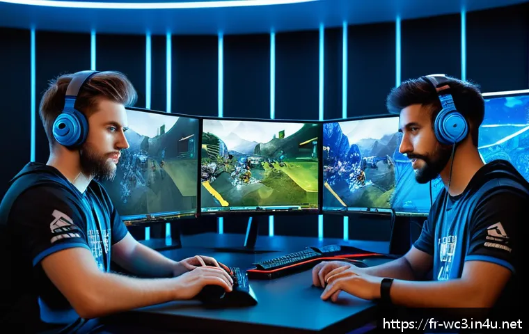 워크래프트3 팀플 전략 - A dynamic esports team in a modern gaming room, focused and communicating through headsets with clea...