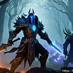 Home 23 워크래프트3 타종족 간 팀플레이 전략 - A dynamic battle scene featuring Night Elves and Undead warriors united on a misty forest battlefiel...