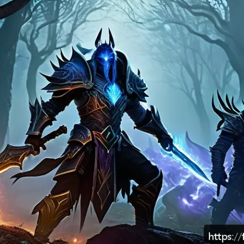 Home 17 워크래프트3 타종족 간 팀플레이 전략 - A dynamic battle scene featuring Night Elves and Undead warriors united on a misty forest battlefiel...