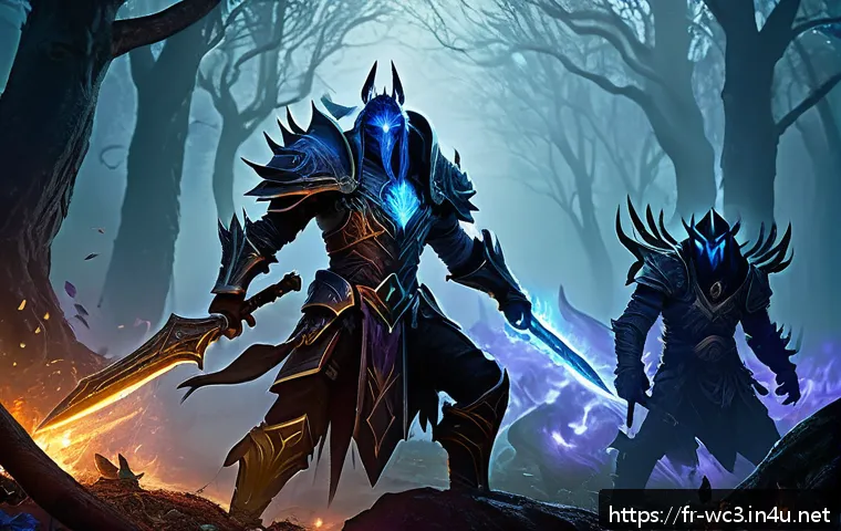 워크래프트3 타종족 간 팀플레이 전략 - A dynamic battle scene featuring Night Elves and Undead warriors united on a misty forest battlefiel...