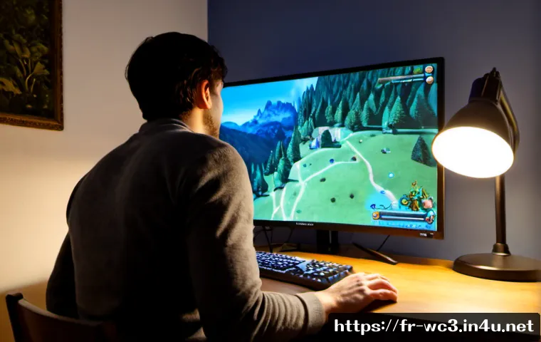 Home 17 워크래프트3 골렘 사냥 루트 - Photorealistic fantasy gaming desk scene in a cozy French apartment at dusk, adult player seen from ...